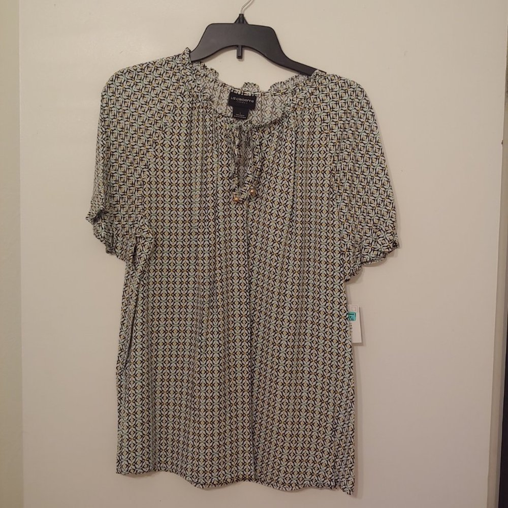 LIz Claiborn Career Short Sleeve Blouse Grn/Blk/Wh